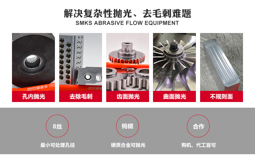 輕松完成鏡面拋光：斯曼克磨粒流拋光設(shè)備，可讓工件拋光面粗糙度在原有基礎(chǔ)上，提升3個等級或以上。 去毛刺徹底、均勻：斯曼克磨粒流<a href='http://m.lifemessy.com' target='_blank'><u>去毛刺機</u></a>，通過軟性磨料物理研磨，切削力大，去毛刺效果徹底，均勻。 公差影響只有1-2um：斯曼克磨粒流設(shè)備，具有極高的精密性，光整作業(yè)后，對工件公差影響只有1-2um。